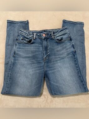 Ganni Blue Denim Jeans with Pink Logo Button